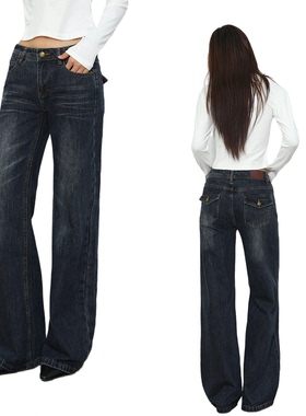 复古中腰直筒牛仔裤女2025秋新款小个子百搭宽松显瘦阔腿裤