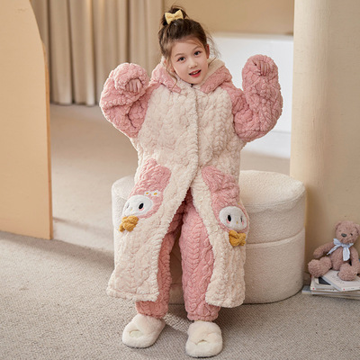 儿童睡衣2025新款冬季三层夹棉加绒加厚女童睡袍珊瑚绒中大童浴袍