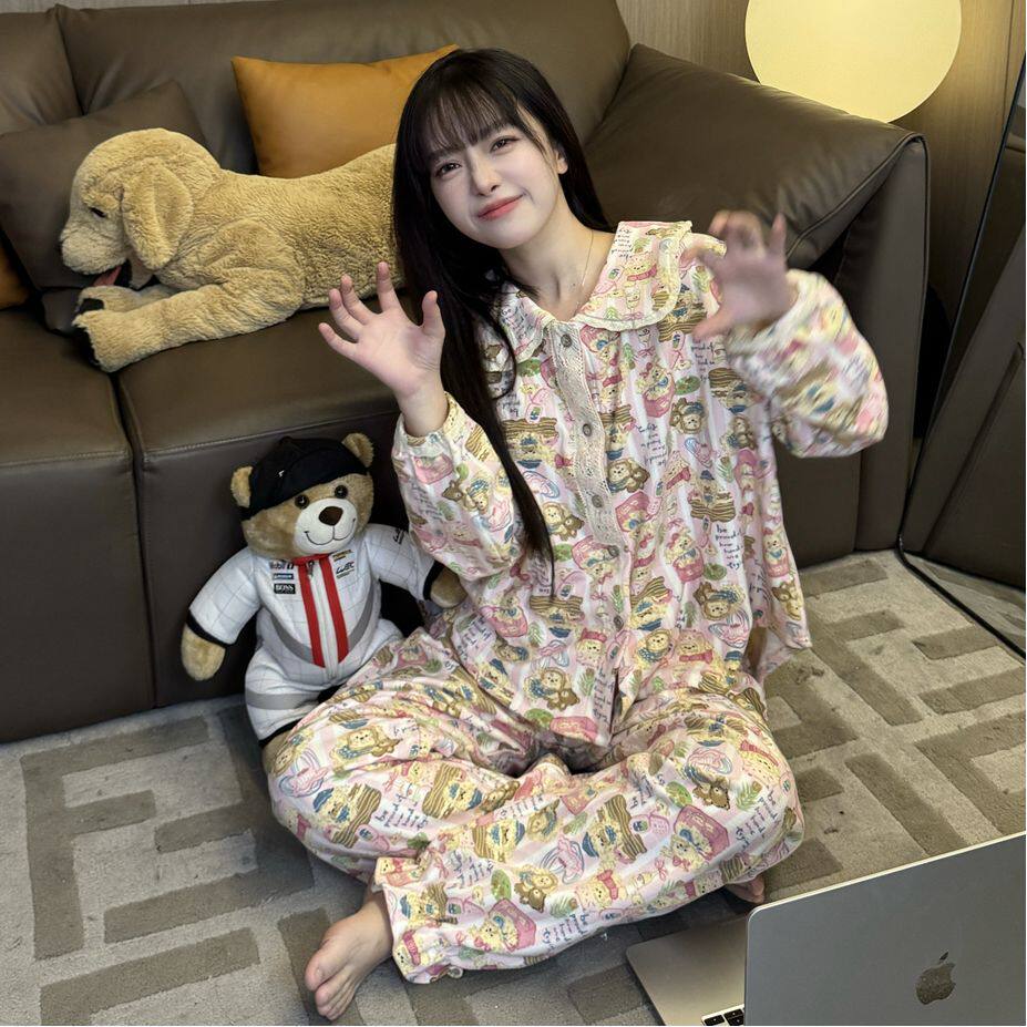 2026年秋冬长袖德绒睡衣可爱娃娃领少女花边卡通印花套装