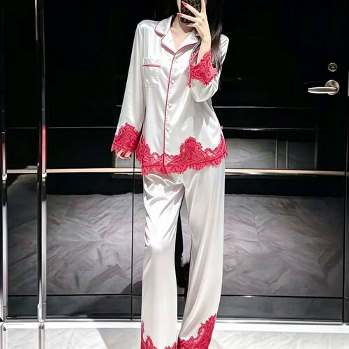 2026年春秋长袖轻奢红白撞色冰雪丝睡衣女时尚精致蕾丝开衫套装女