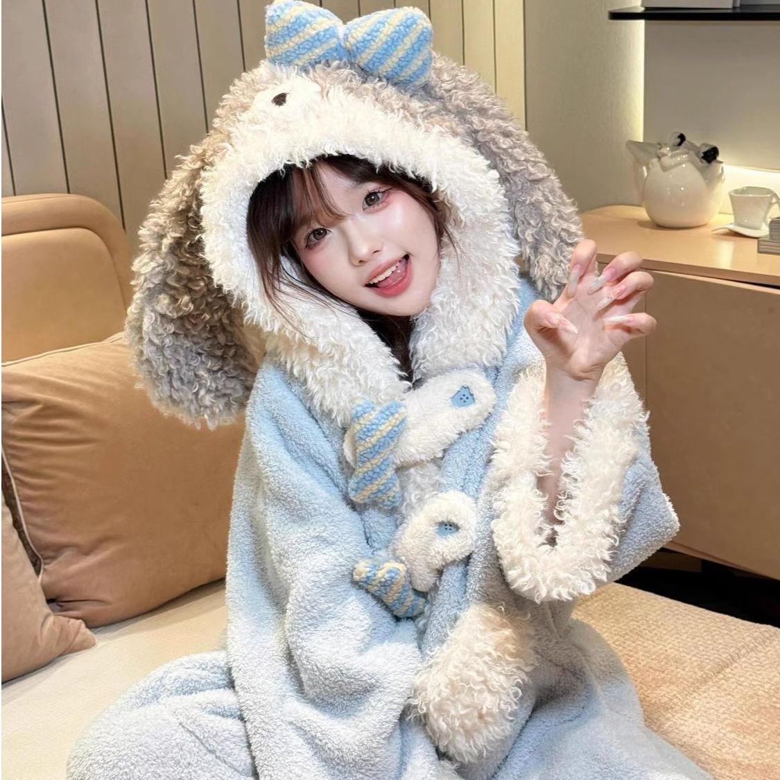 珊瑚绒可爱垂耳小狗少女睡衣秋冬加厚保暖睡袍冬天新款家居服套装