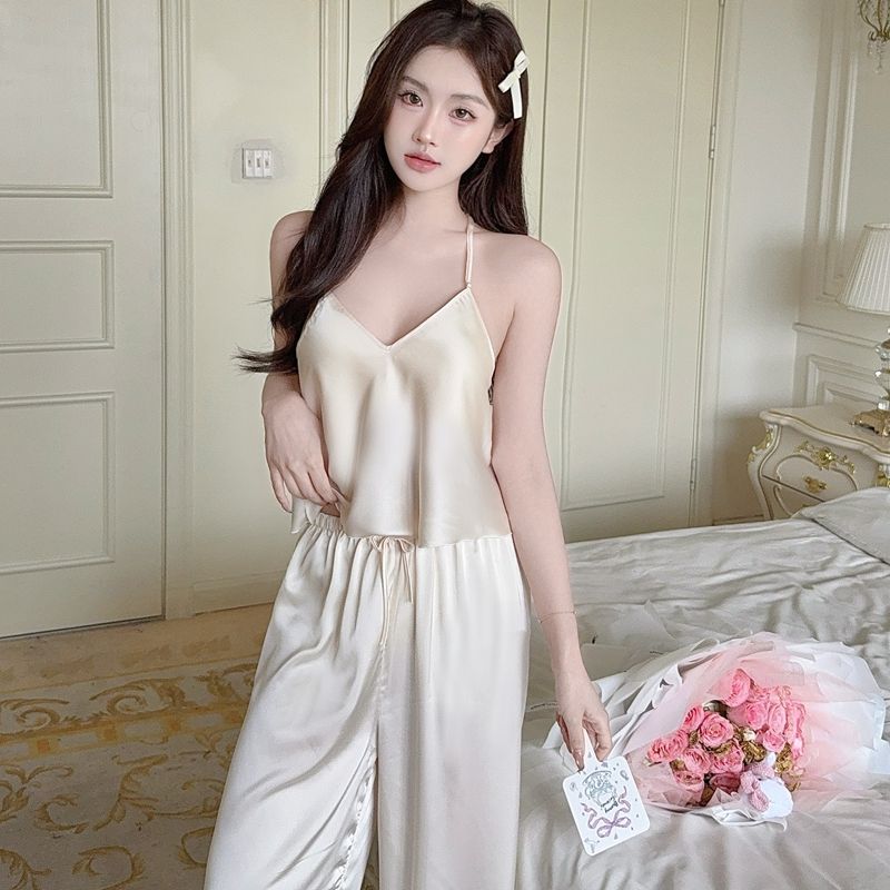 性感睡衣女冰丝吊带长裤套装蕾丝美背带胸垫高级感纯欲家居服