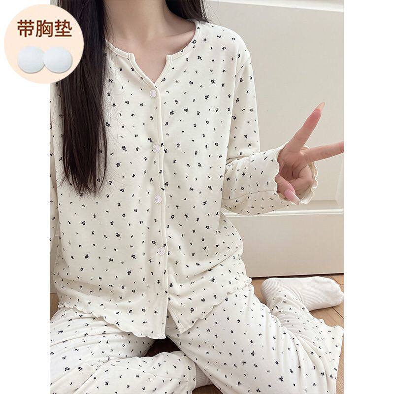 秋冬季新款德绒印花小V领开衫长袖长裤套装 睡衣女 不可拆卸胸垫