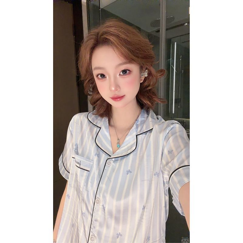 露思同款夏季短袖短裤长裤三件套冰雪丝睡衣女2026年高级条纹套装