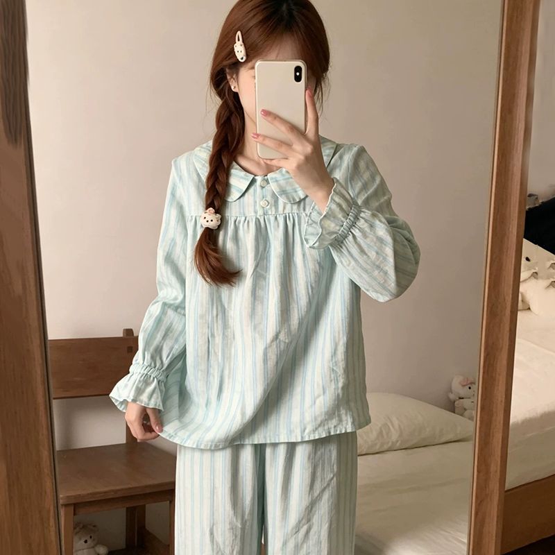 2026年春秋长袖云朵棉睡衣女韩系格纹少女娃娃领可爱套装