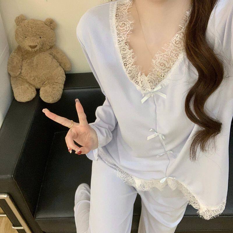 春秋长袖莫代尔睡衣女韩系甜美蕾丝少女蝴蝶结V领套头套装