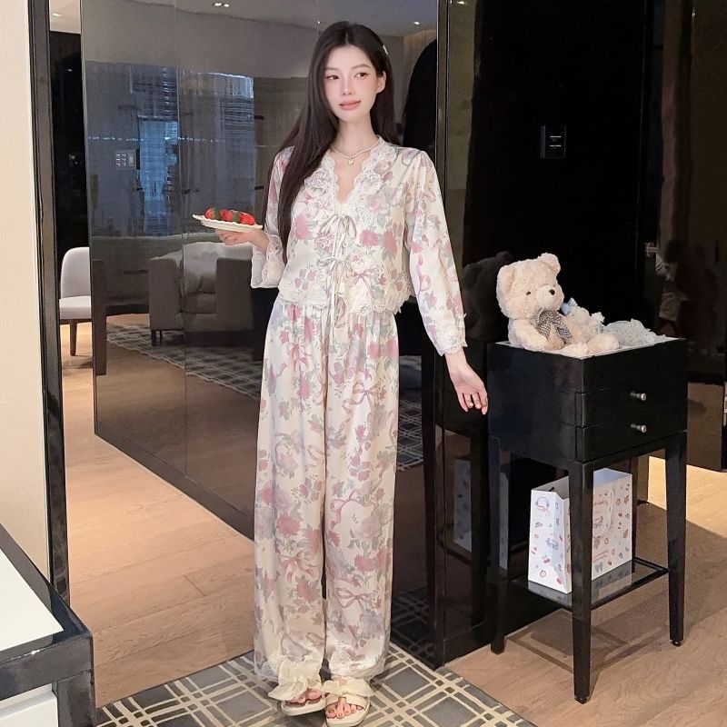 2026春秋长袖新款冰雪丝睡衣女性感蕾丝绑带浪漫印花卉开衫套装