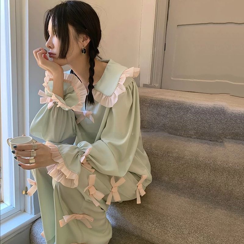 可爱设计感蝴蝶结睡衣女韩版2026春秋新款长袖开衫少女仿棉套装