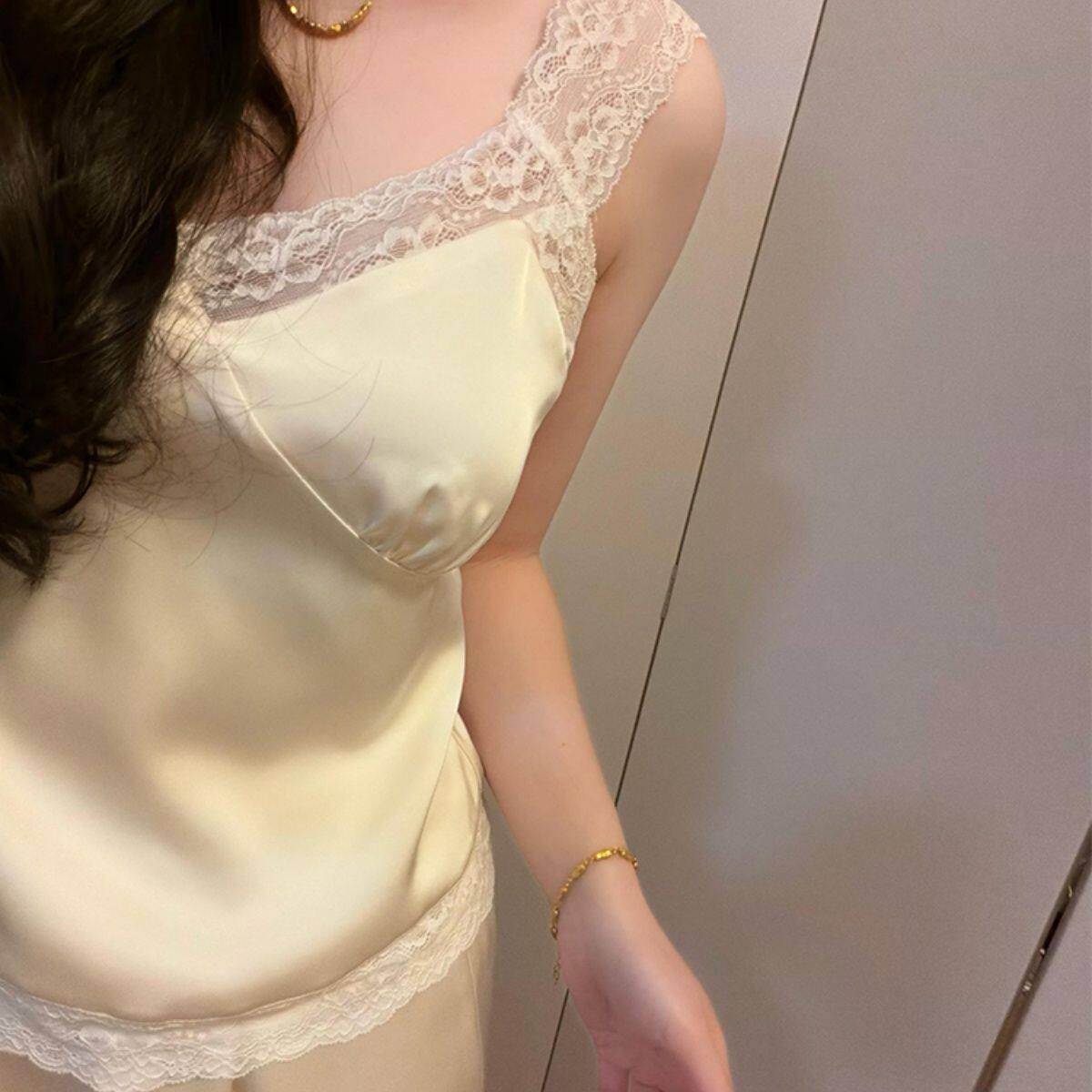 白月光女神睡衣带胸垫吊带长裤冰雪丝睡衣女性感纯欲蕾丝套装夏