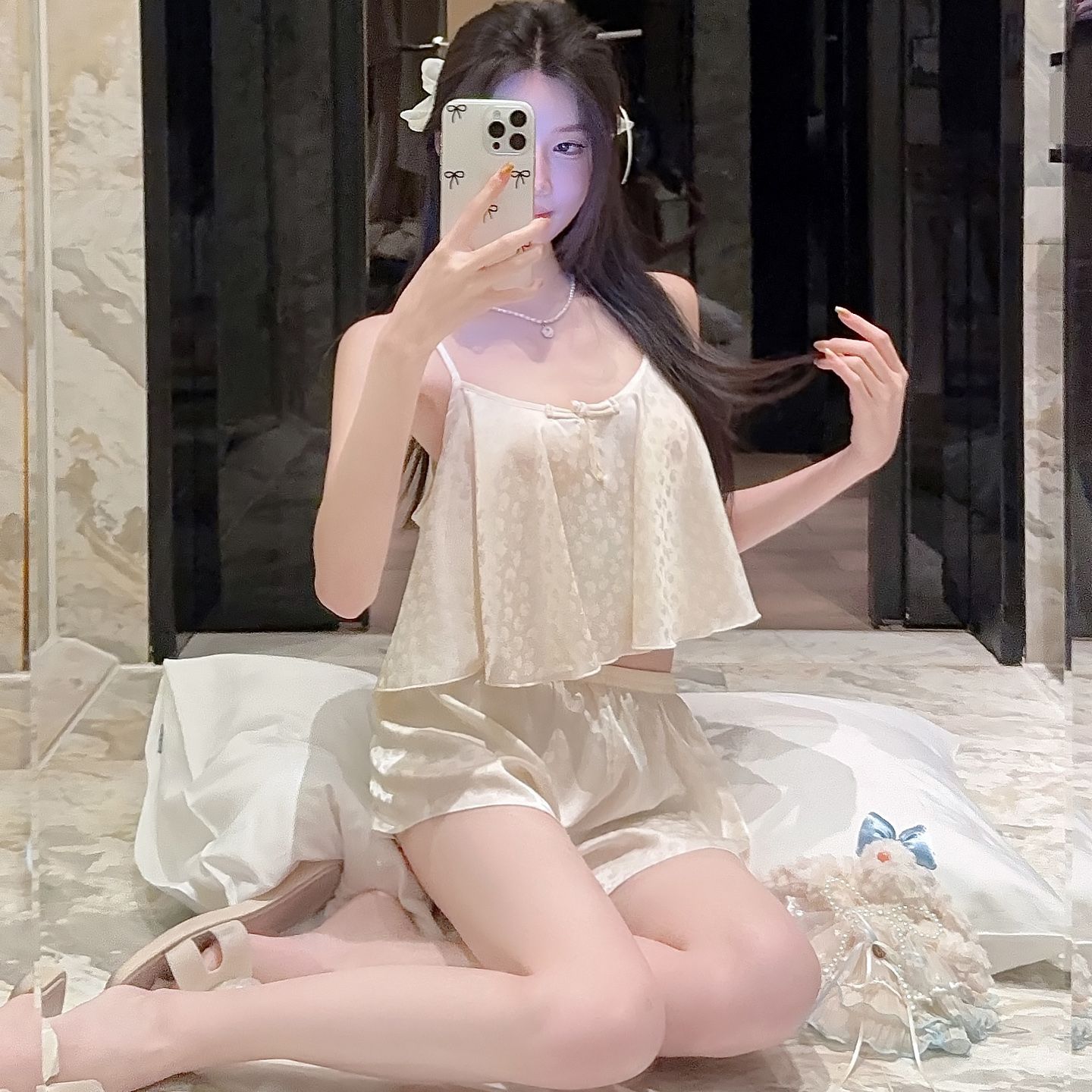 国风新中式盘扣漏肚脐吊带短裤提花冰雪丝睡衣女辣妹套装夏带胸垫
