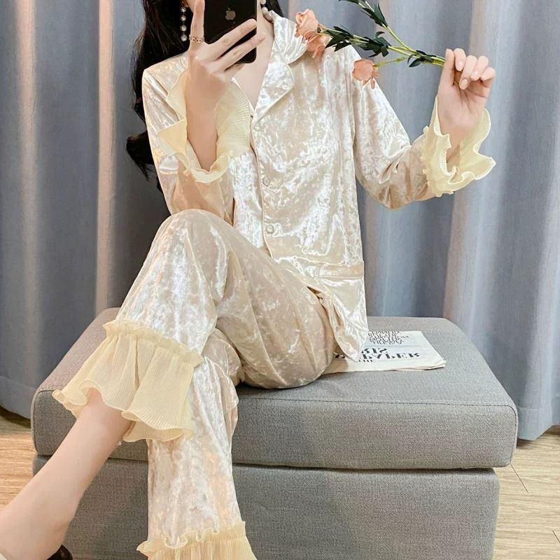 高级大花边袖金丝绒睡衣女2026年秋冬长袖金钻绒家居服套装