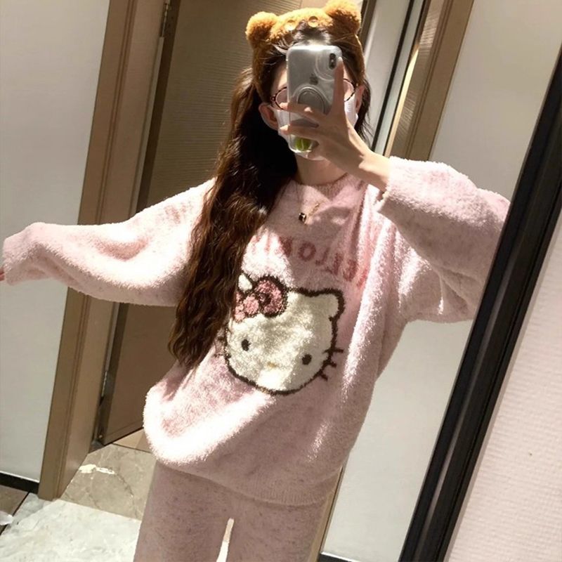 仿半边绒睡衣女网红爆款凯蒂猫圆领软绵绵绒家居服套装