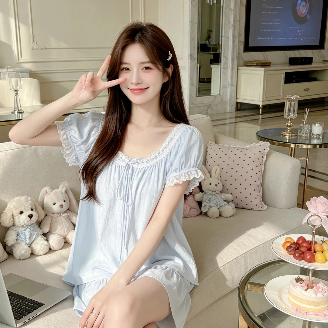 2026年夏季带胸垫短袖短裤莫代尔睡衣女甜美韩系宫廷蕾丝少女套装