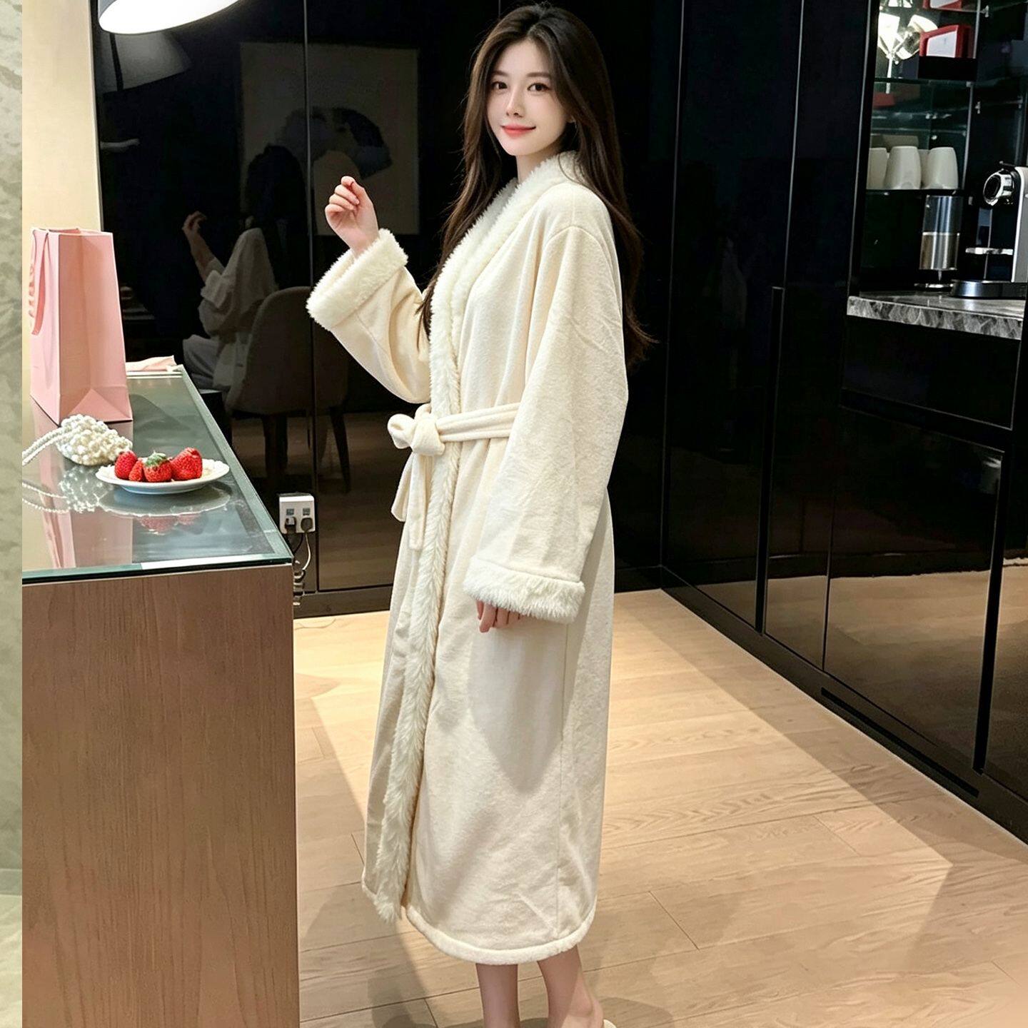 冬季加厚法兰绒睡袍法式优雅毛绒绒领子浴袍少女甜美花边保暖睡裙