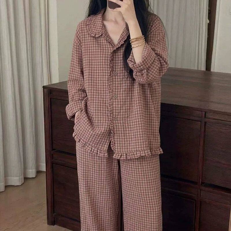 韩系复古红格子睡衣女2026年秋季娃娃领开衫甜美纯棉可外穿家居服
