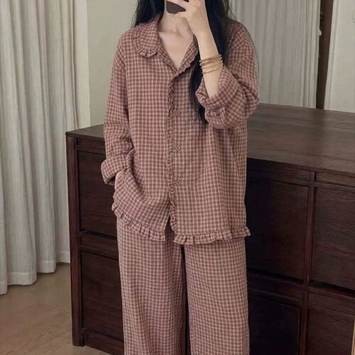 韩系复古红格子睡衣女2026年秋季娃娃领开衫甜美纯棉可外穿家居服