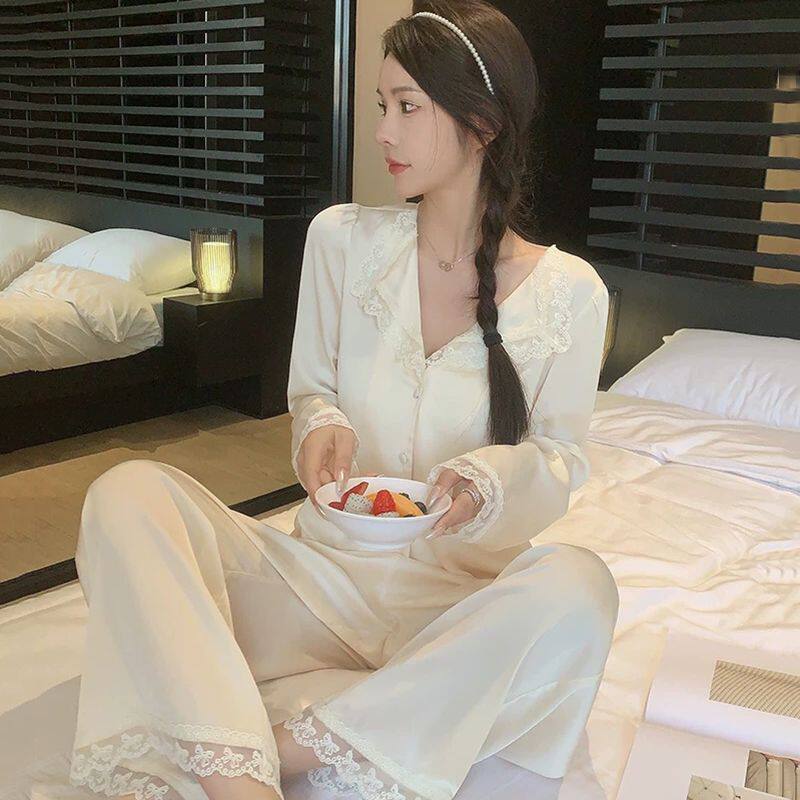 春秋长袖冰雪丝睡衣女轻奢小香风2026年宫廷蕾丝甜美少女开衫套装