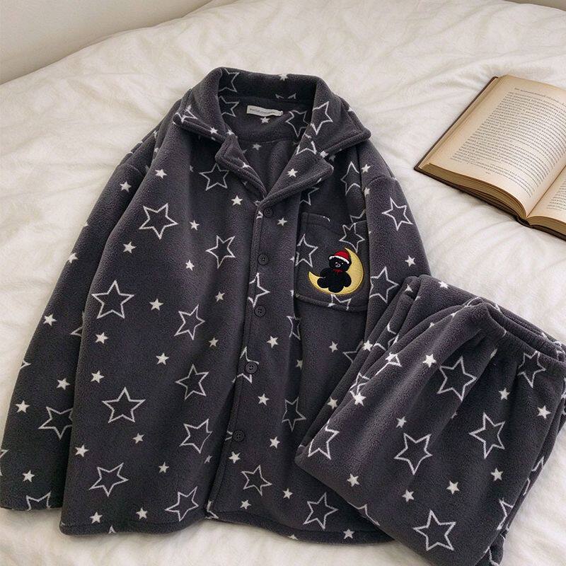 卡通动漫雪粒绒月亮小熊睡衣2026年秋冬款加厚加绒家居服男款