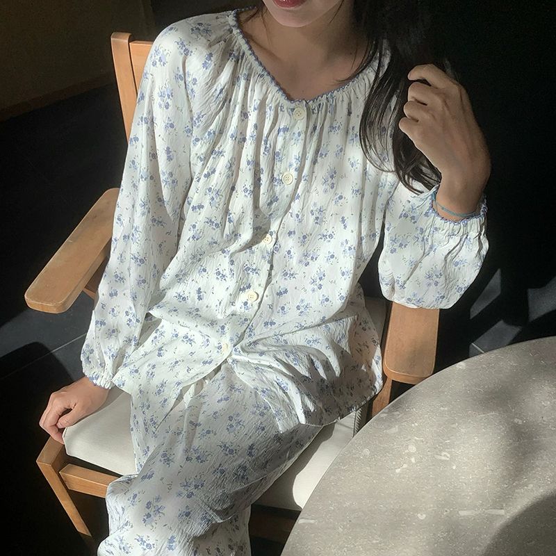 韩版田园风春秋长袖云朵棉复古碎花睡衣女开衫甜美少女家居服套装