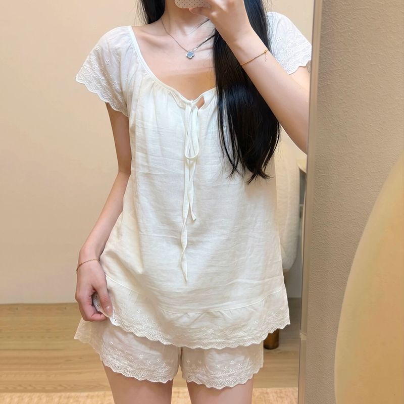 温柔风韩系公主米白蕾丝花边睡衣女带胸垫短袖短裤云朵棉甜美套装