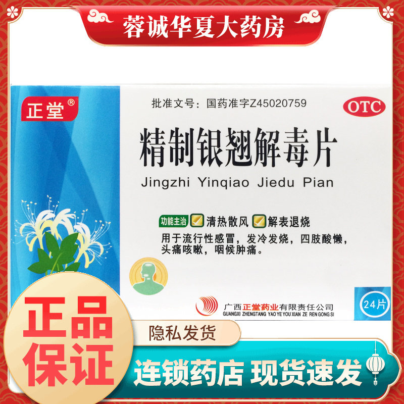 正堂 精制银翘解毒片24片感冒发冷发烧四肢酸懒头痛咳嗽咽喉肿痛