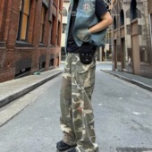 复古工装 迷彩裤 isaidno做旧刺绣水洗牛仔裤 Cargo美式 长裤 情侣