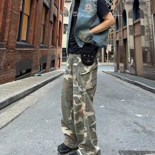 长裤 Cargo美式 isaidno做旧刺绣水洗牛仔裤 迷彩裤 情侣 复古工装