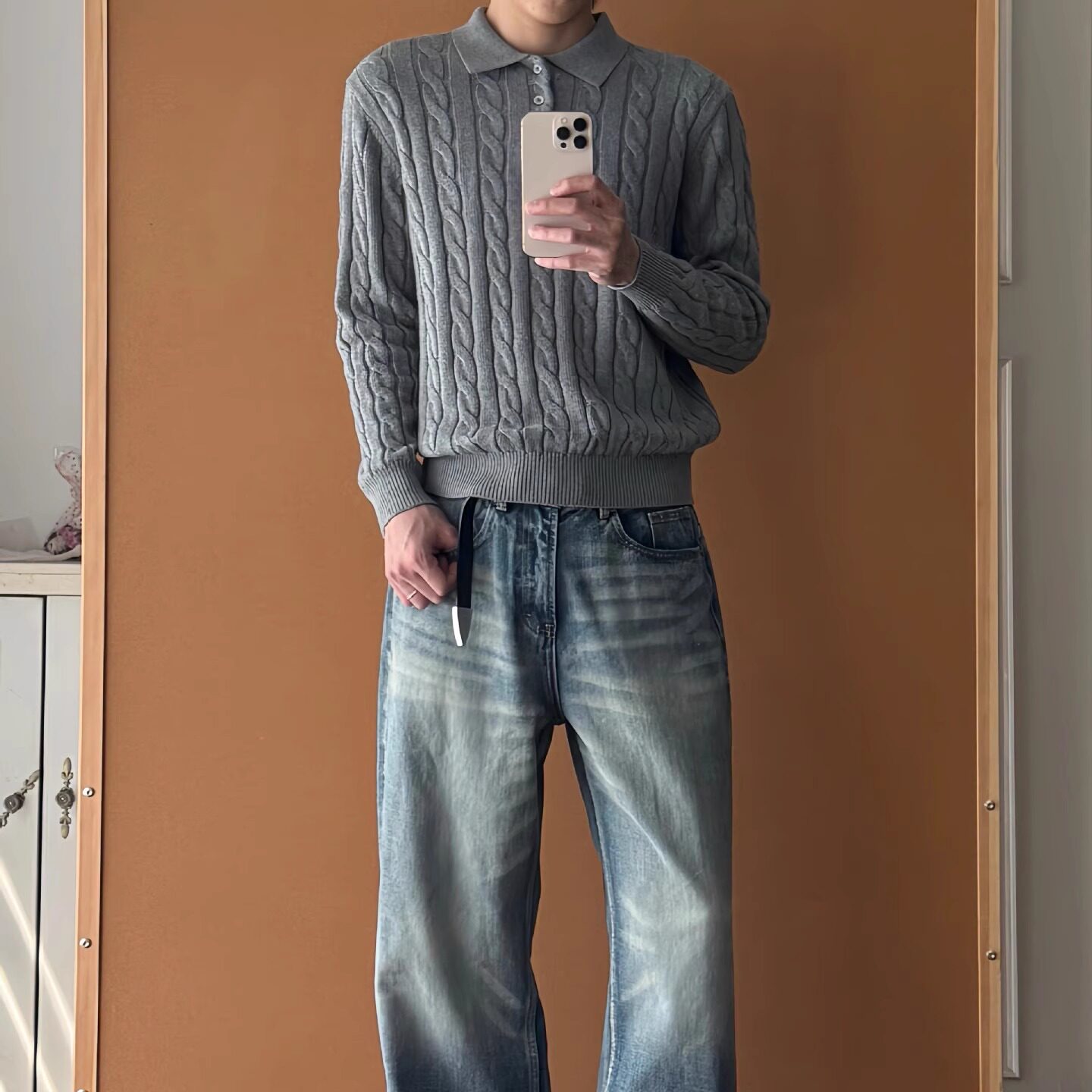 绞花polo领长绒棉正肩长袖针织