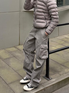 ZETITI复古重工直筒宽松深灰色蜡染水洗硬汉做旧打褶伞兵工装裤男