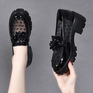 厚底网纱乐福鞋女2026春季新款英伦风真皮夏季一脚蹬亮面小皮鞋女