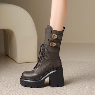 真皮超高跟厚底马丁靴女秋冬新款系带粗跟短靴小个子防水台中筒靴