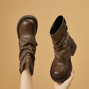 美拉德短靴女2025新款秋冬季单靴厚底真皮堆堆靴子加绒复古马丁靴