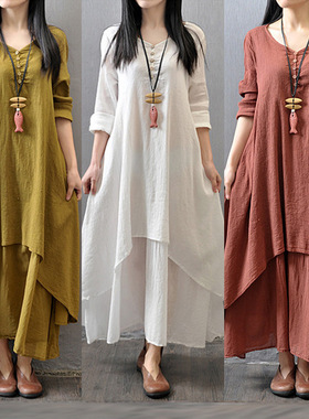 A flax dress with loose long sleeves大摆亚麻宽松长袖连衣裙女