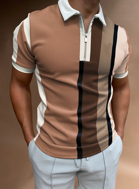 Lapel zipper fitted 3D printed shirt翻领拉链修身3D印花衬衣男