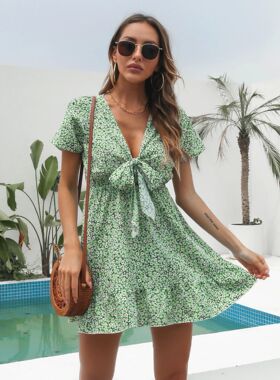 Leisure V-neck floral short sleeved dressV领碎花短袖连衣裙女