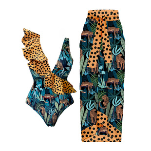 Leopard ruffle chiffon split long skirt 豹纹荷叶边分体长裙女