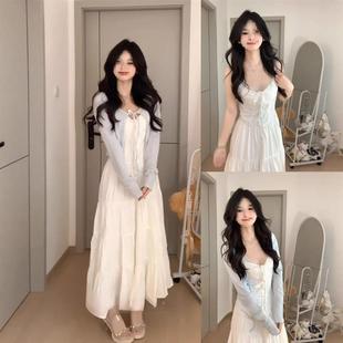 气质长裙子 甜美风蕾丝花边吊带连衣裙套装 女夏季 防晒长袖 针织开衫