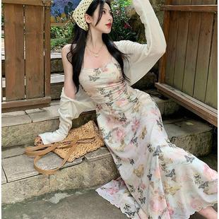 蝴蝶碎花吊带连衣裙女夏季 长裙 茶歇法式 气质收腰显瘦海边度假套装