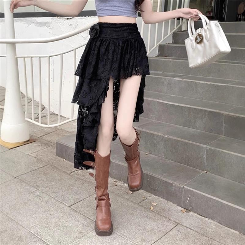 蕾丝钩花镂空层次感斜下摆蛋糕半身裙女夏季新款不规则飘带半身裙
