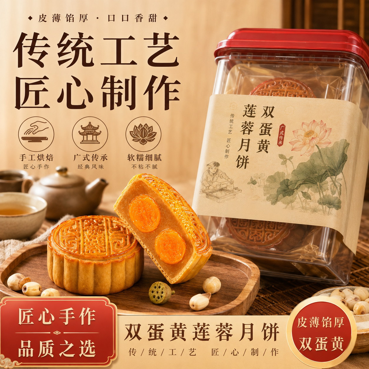 正宗广式双蛋黄莲蓉月饼手工传统无添加糕点中秋月饼官方旗舰店
