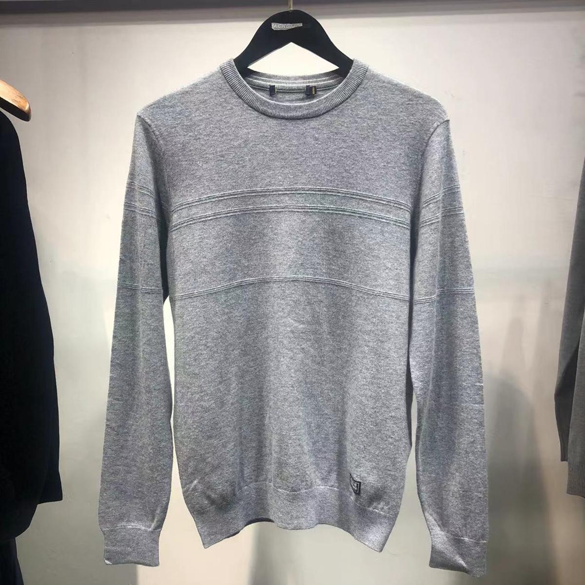 男装品牌撤柜秋冬款男款绵羊毛纯灰色修身弹力青年针织衫圆领毛衣