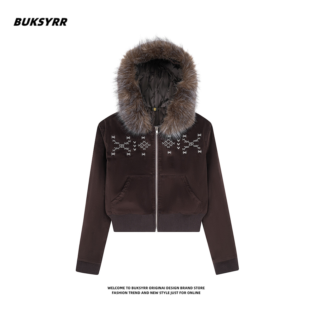 BUKSYRR美式街头辣妹毛领夹棉连帽外套女秋冬潮流加厚灯芯绒棉服