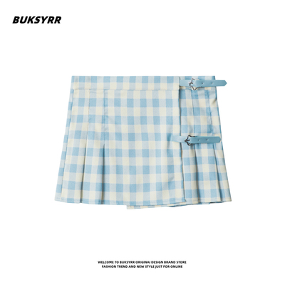 BUKSYRR复古显瘦日系格纹皮扣百褶裙女夏季甜美风减龄a字半身短裙