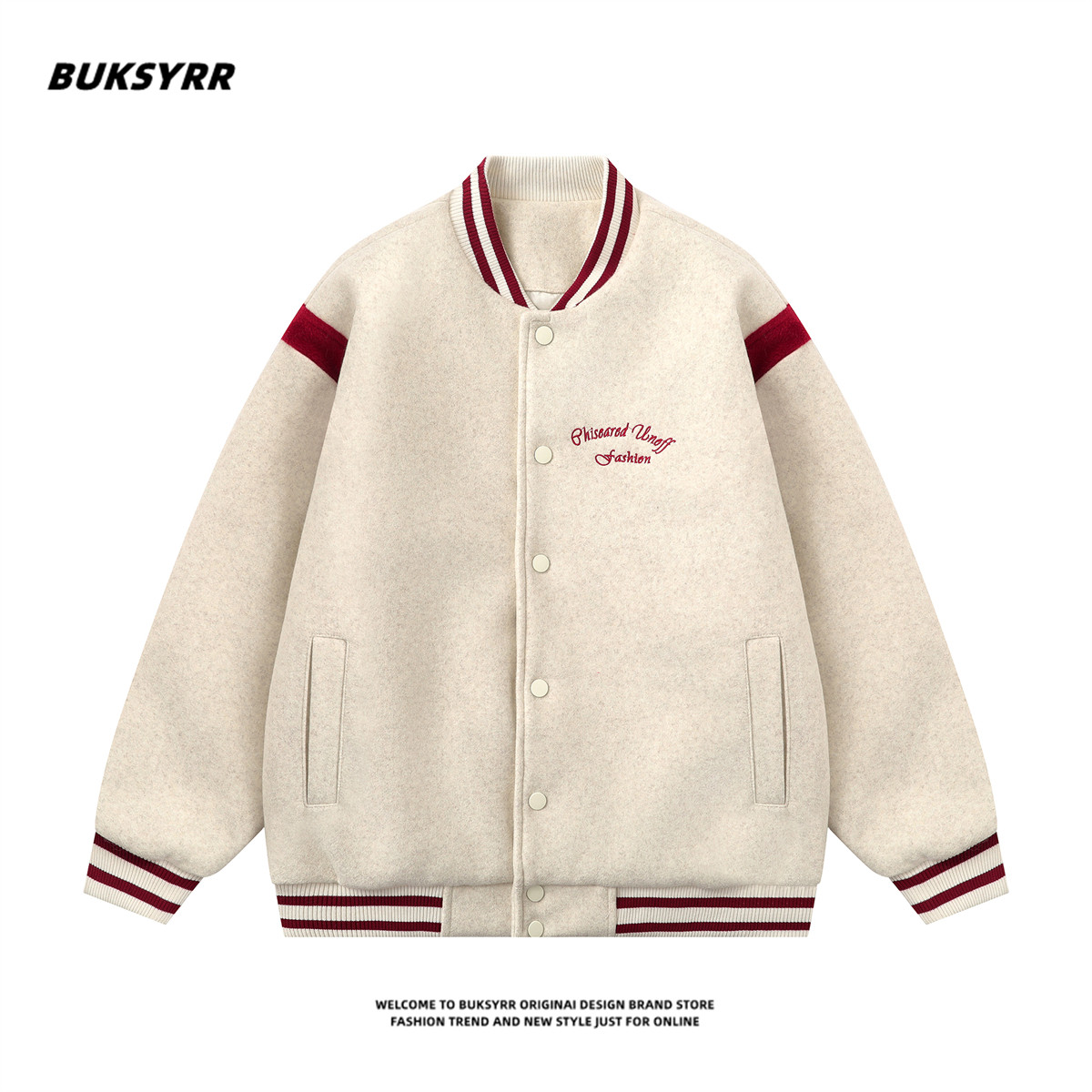 BUKSYRR美式复古刺绣撞色毛呢棒球服外套女秋冬宽松情侣夹棉夹克