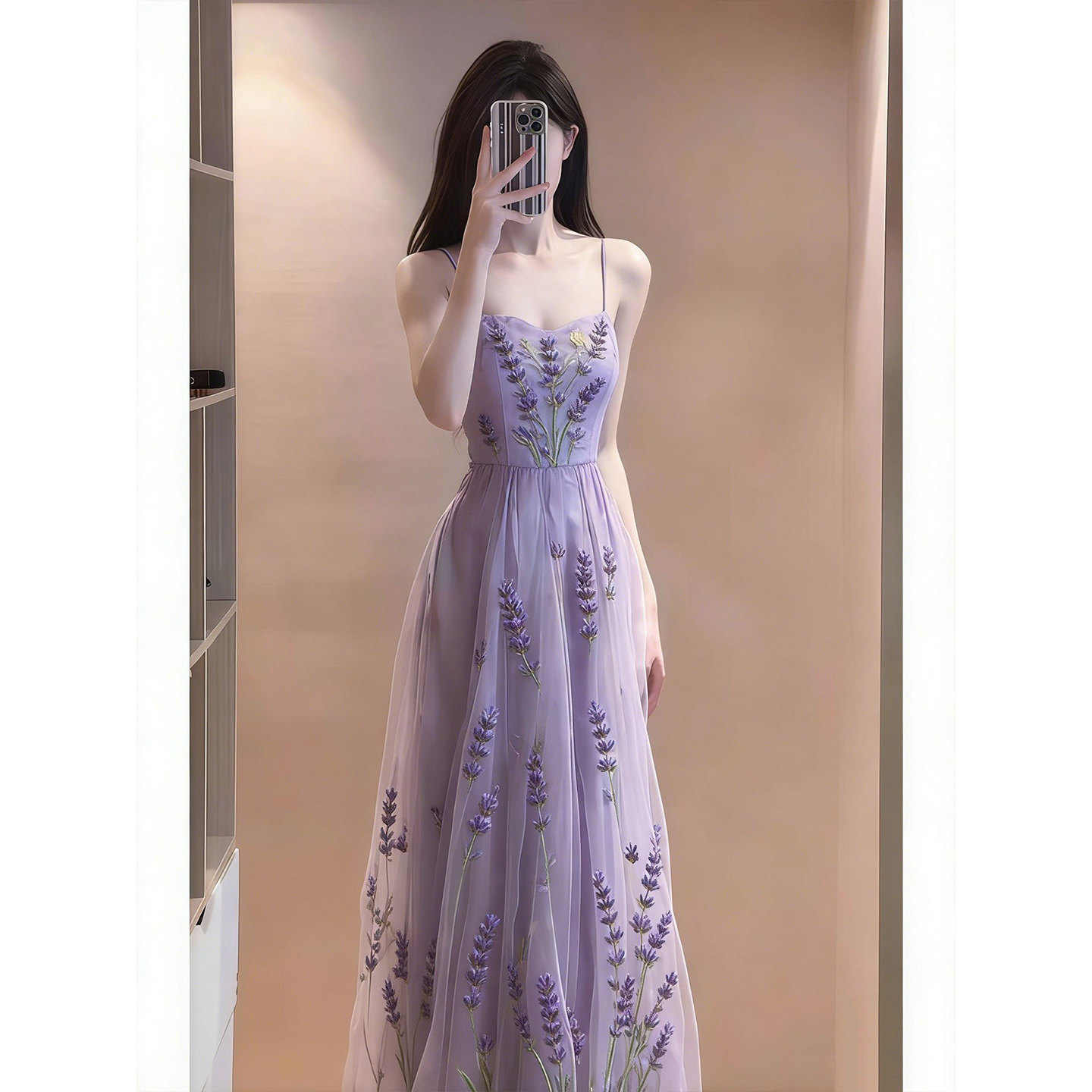 紫色薰衣草吊带连衣裙女2026春季新款高级感海边度假风网纱长裙子