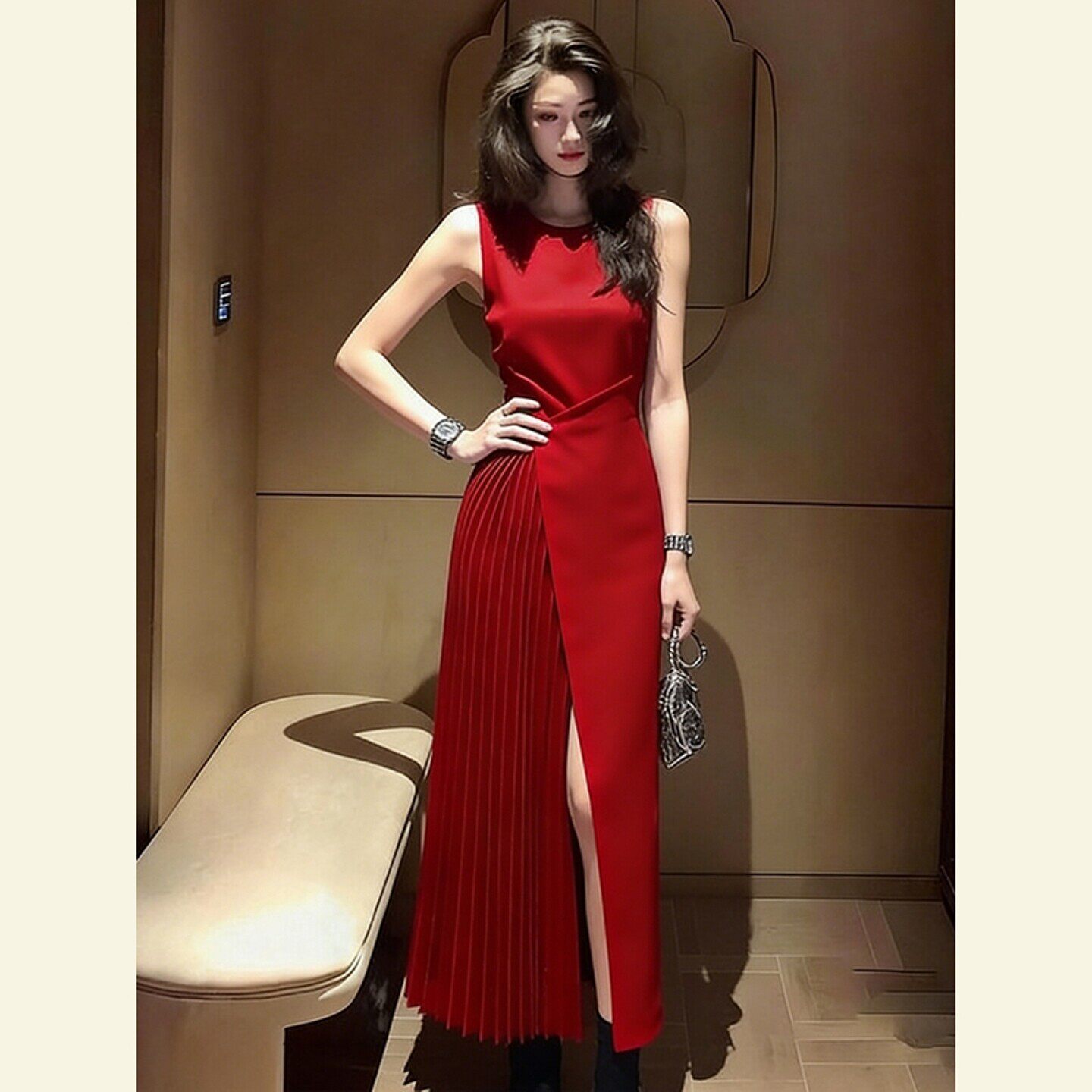 春季出席重要场合的名媛气质女神范订婚礼服大方得体红色连衣裙女