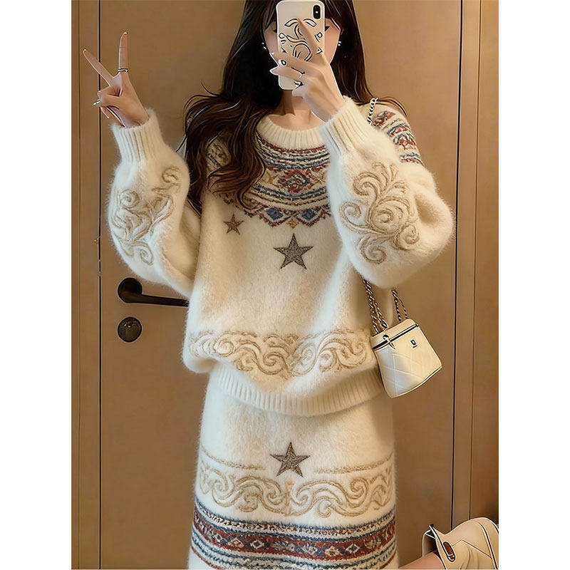 费尔岛风针织套装女秋冬慵懒风提花毛衣半身裙两件套小个子穿搭,女装/女士精品,大码套装,淘宝优惠券,粉丝福利购,淘宝优惠卷