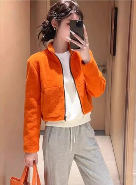 2025秋冬新款橙色立领百搭短外套女高级感时尚洋气小个子上衣外套