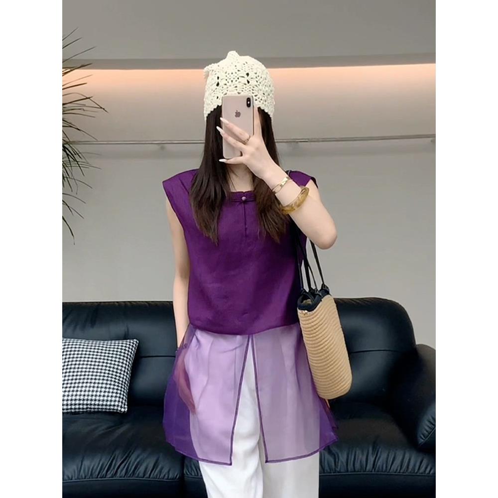 小众设计感紫色短袖衬衫女