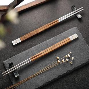 鸡翅木筷子304不锈钢筷嘴高档家用实木无漆无蜡防滑快子5双10双装